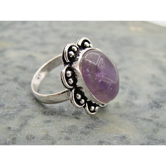 Amethyst Natural Stone Ring Sterling Silver Plated Birthstone Floral Frame 7.5 - Picture 2 of 10